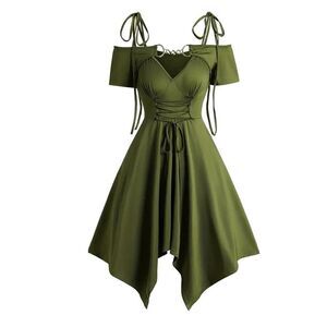 Wicked Silk Olive Green Fairy Peasant Golden Neck Chain Lace Up Dress L